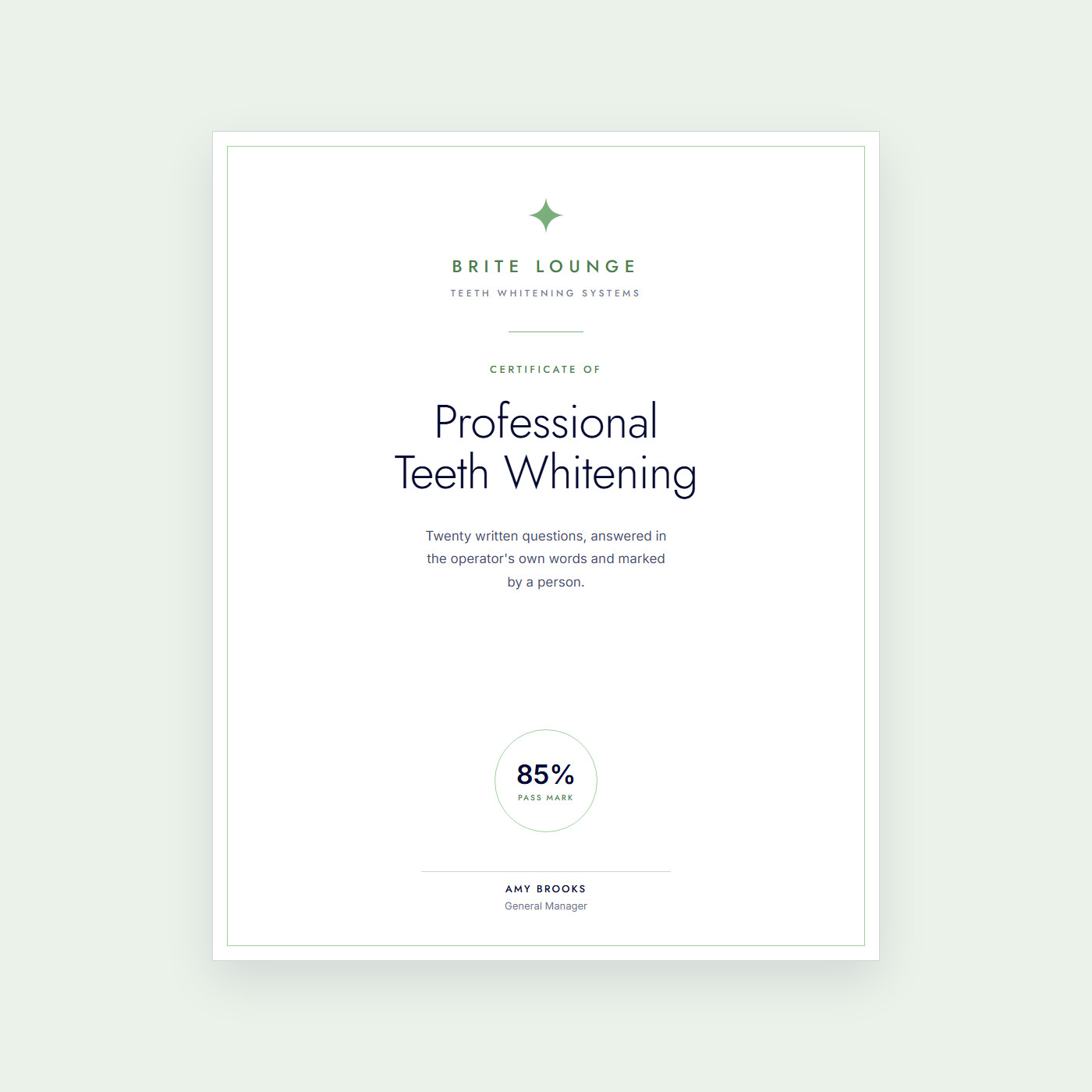 The Brite Lounge certificate of professional teeth whitening